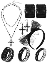 Ecation 7 Pcs 80s Women Costume Accessories Halloween Leather Punk Bracelet Black Cross Necklace Lace Headband Fishnet Glove(Classic Style)