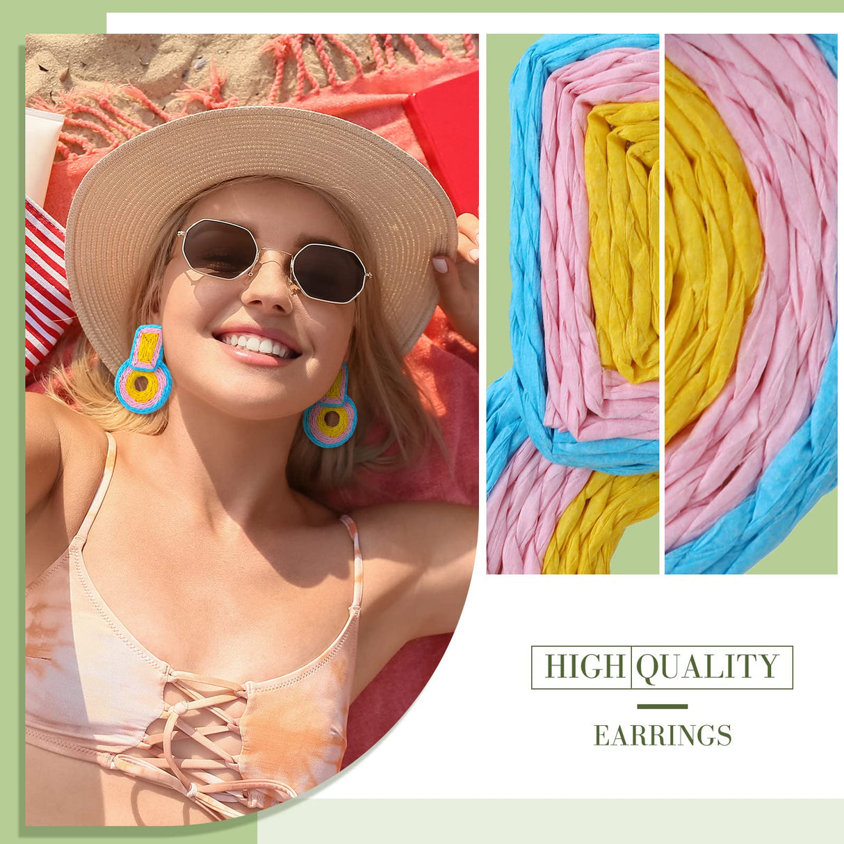 Kigeli 6 Pair Beach Raffia Earrings Summer Statement Rattan Earrings Heishi Drop Hoop for Women Colorful Beaded Tassel Dangle Boho Earring Handmade Jewelry Teacher Gift(Rainbow Color)