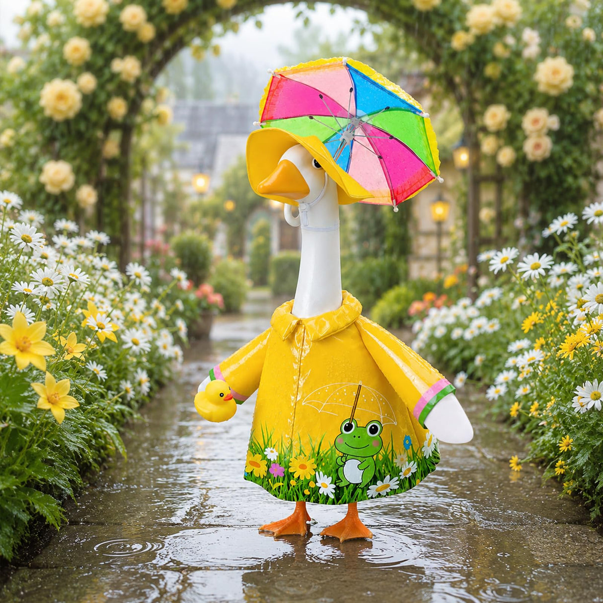 GJL Raincoat Porch Goose Outfits Fit 23 Inch Plastic Cement Goose Statue, Lawn Goose Clothes Set with Umbrella and Hat for Spring Summer Outdoor Yard Garden Decor