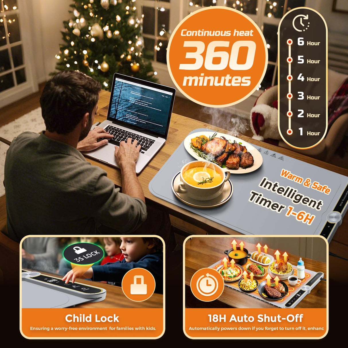 Warming Mat for Food - Super Large 40"x15" Electric Warming Tray Warm 10 Dishes, 9-Temperature Adjustable, 1-6H Timer, Child Lock, 8s Fast Heating, Foldable Food-Grade Silicone Design