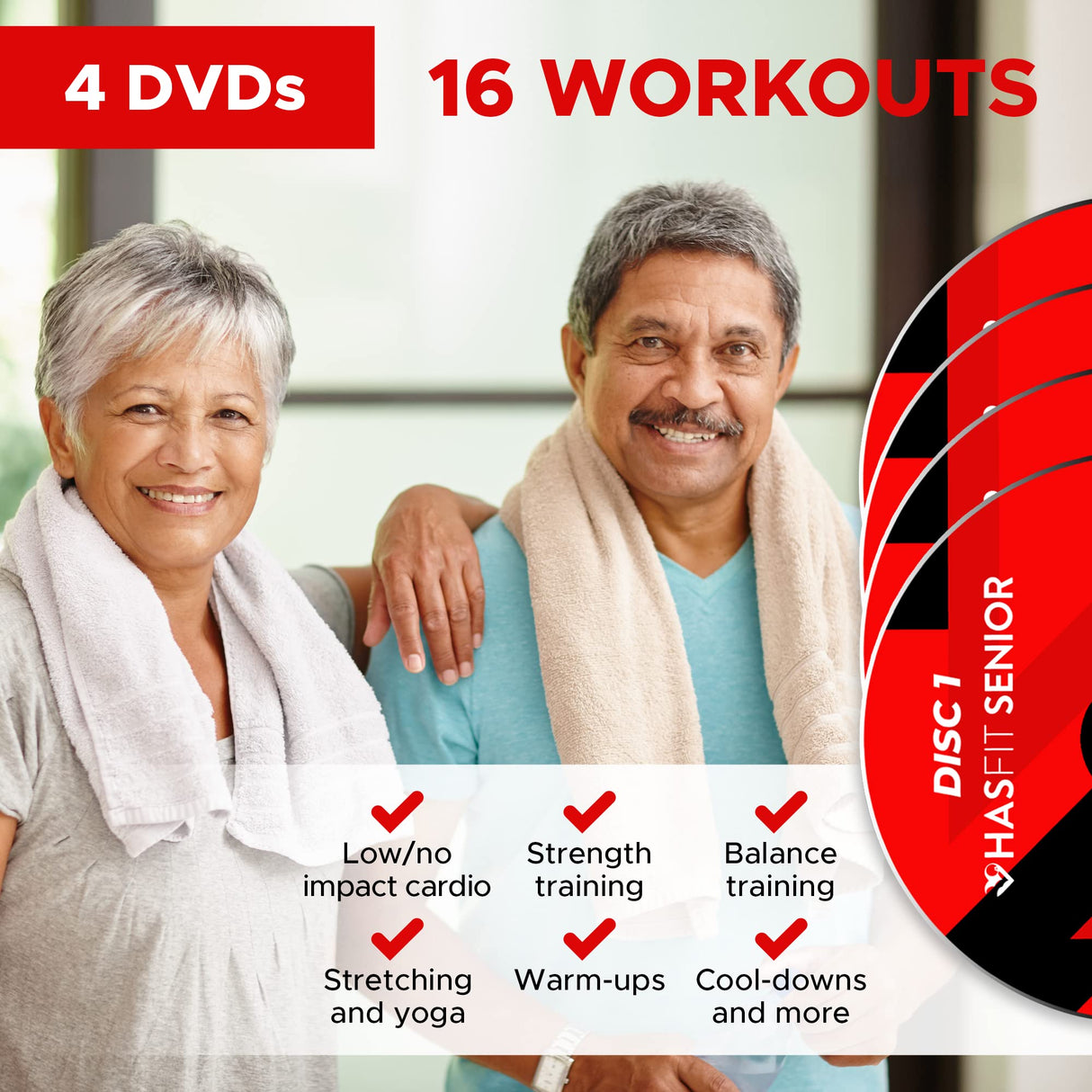 HASfit Exercises for Seniors DVD - 4 Discs - 16 Senior Workouts for Balance, Weight Loss, Flexibility, Cardio, Strength, Yoga Fitness, Seated Chair Exercise For Beginners, Elderly - 3 Programs