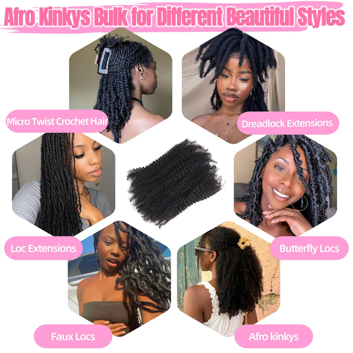 HLSK Afro Kinkys Bulk Human Hair 20Inch 45g±5g/Pack for Dreadlock Extensions,Repair Locs, Twists and Braids Afro Kinky Curly bulk 100% Human Hair Natural Black Color