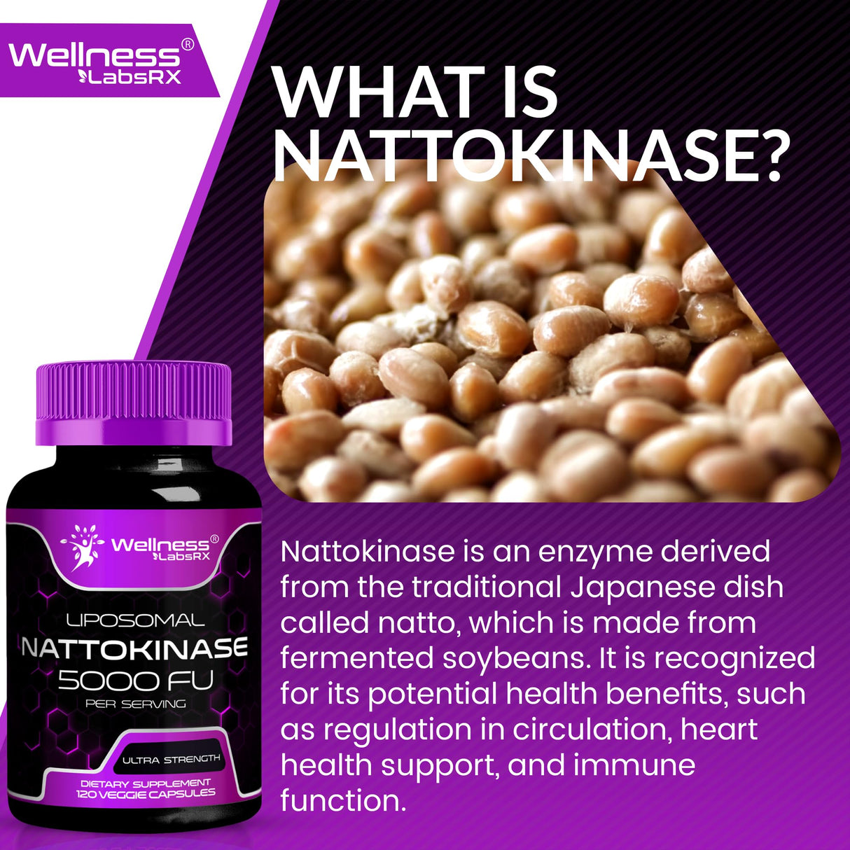 Nattokinase Supplement Capsules 5000 FU, Third-Party Tested Nattokinase – Enzymes from Japanese Natto – Daily Wellness Support – 120 Count