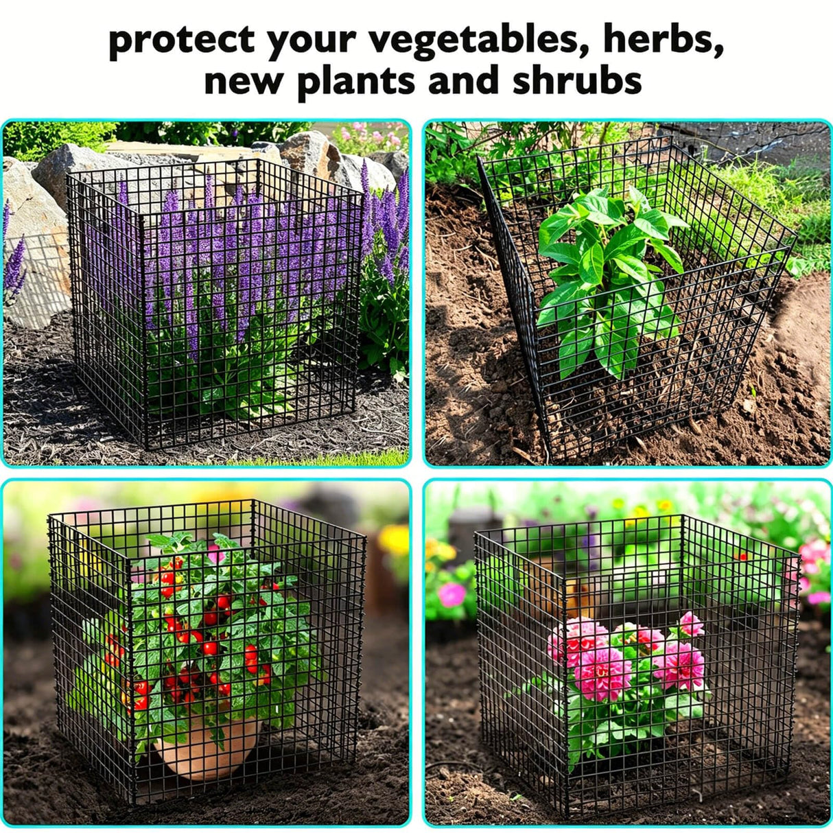 (4 Packs) Plant Protectors from Animals, 14.8" Lx14.8 Wx15.7 H Heavy-Duty Large Wire Plant Cages, Keep Rabbits Out for Vegetables, Shrubs & New Plants