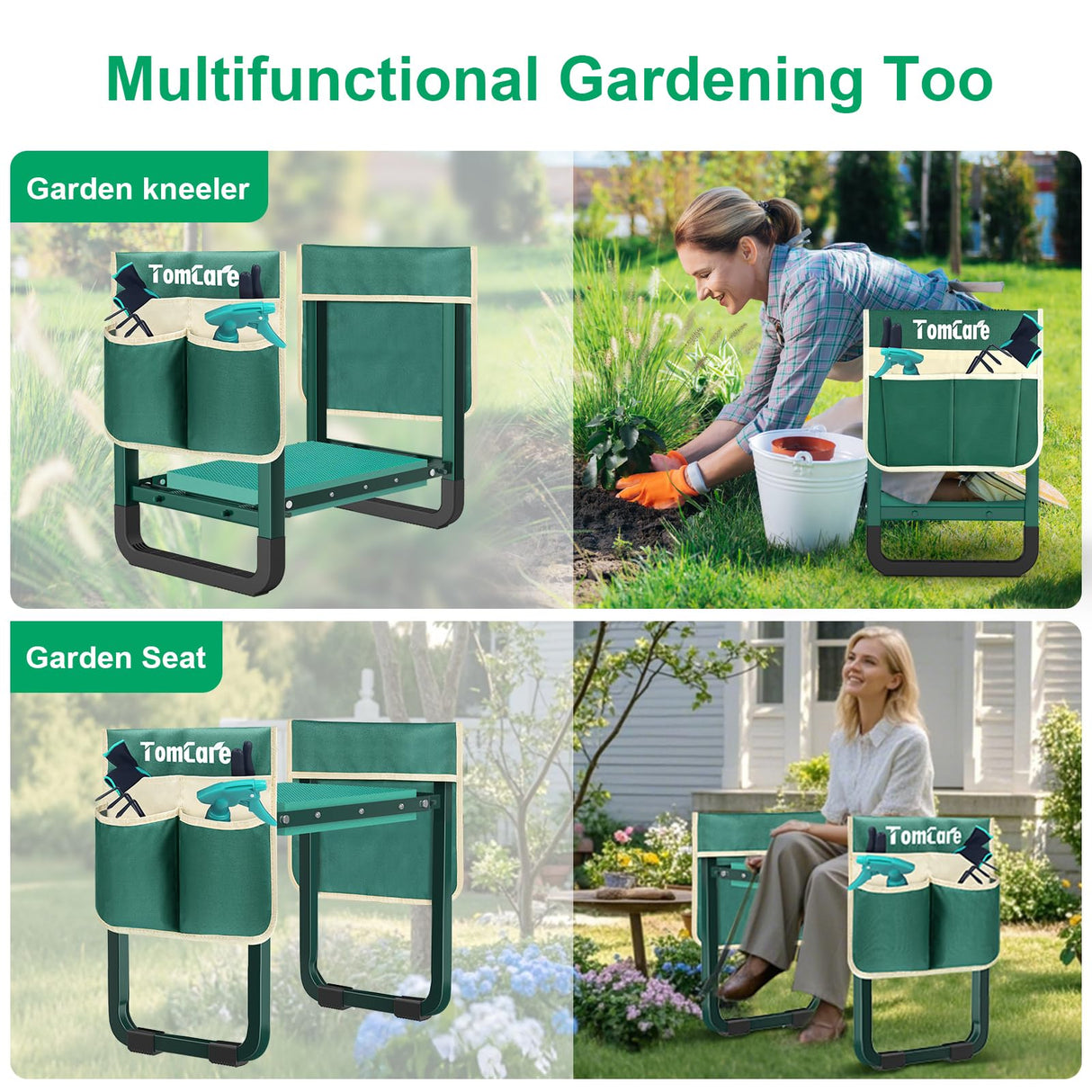 TomCare Garden Kneeler and Seat 11.14” Wider Larger Soft Kneeling Pad Garden Bench with 2 Large Tools Pouches Heavy Duty Foldable Garden Stool Gardening Gifts for Women Men Gardeners Seniors, Green