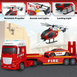 Kids Toys for 3 4 5 6 7 8 Years Old Boys, 25" Fire Truck Toy with Racing Car and Helicopter, Toddler Friction Powered Truck Vehicle Toy with Lights, Sounds for Boys Girls Christmas Birthday Gifts