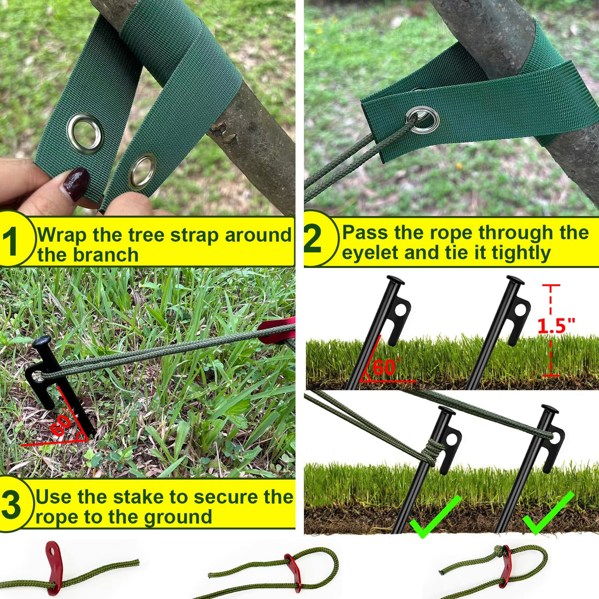 Tree Stakes and Supports, Heavy Duty Tree Stakes Kit Include 3Pcs Tree Straps for Staking, 3Pcs 16" Steel Spikes, and 39Ft Rope, Tree Supports for Young Tree Anti Strong Wind, Bad Weather