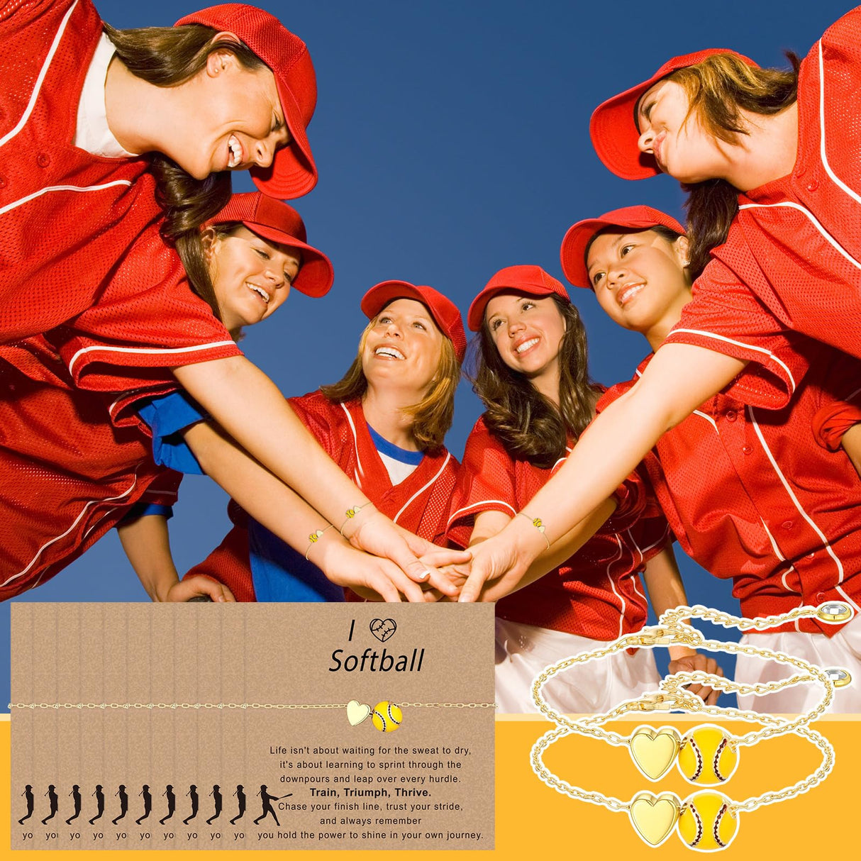 Tondiamo 12 Sets Baseball Volleyball Softball Soccer Tennis Football Bracelet for Women Dainty Gold Plated Heart Bracelets Sport Lovers Gifts Sports Jewelry Gifts(Softball)