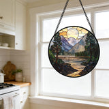AMDERVEN Stained Glass Window Hanging, Sunset Mountains Lake Tree Sun Catcher for Window Home Decor Landscape Suncatcher Mother's Day Birthday Gifts for Women Men Mom and Nana 11.8 in