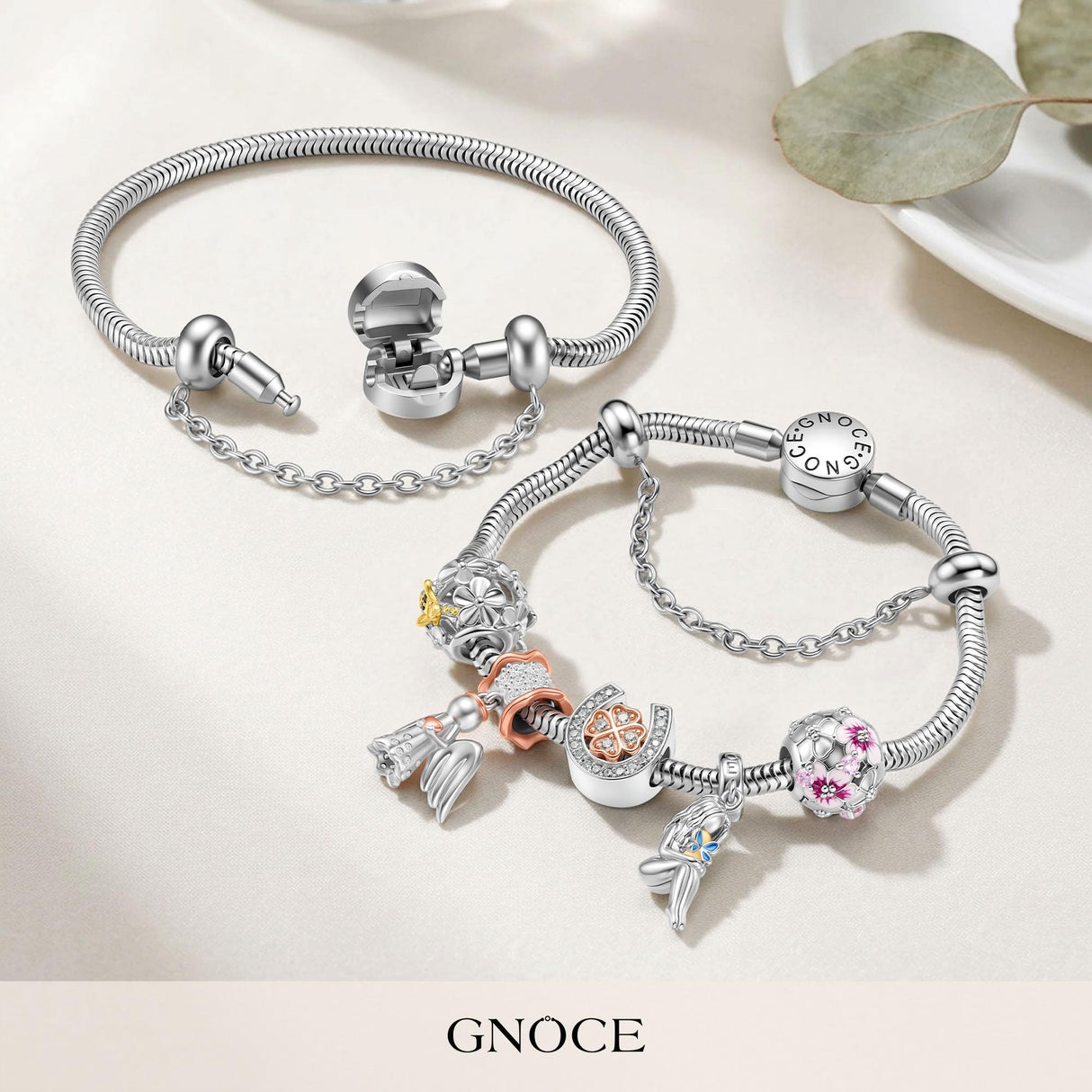 GNOCE Stainless Steel Snake Chain Charm Bracelet W/Safety Gift for Women(7.5in)