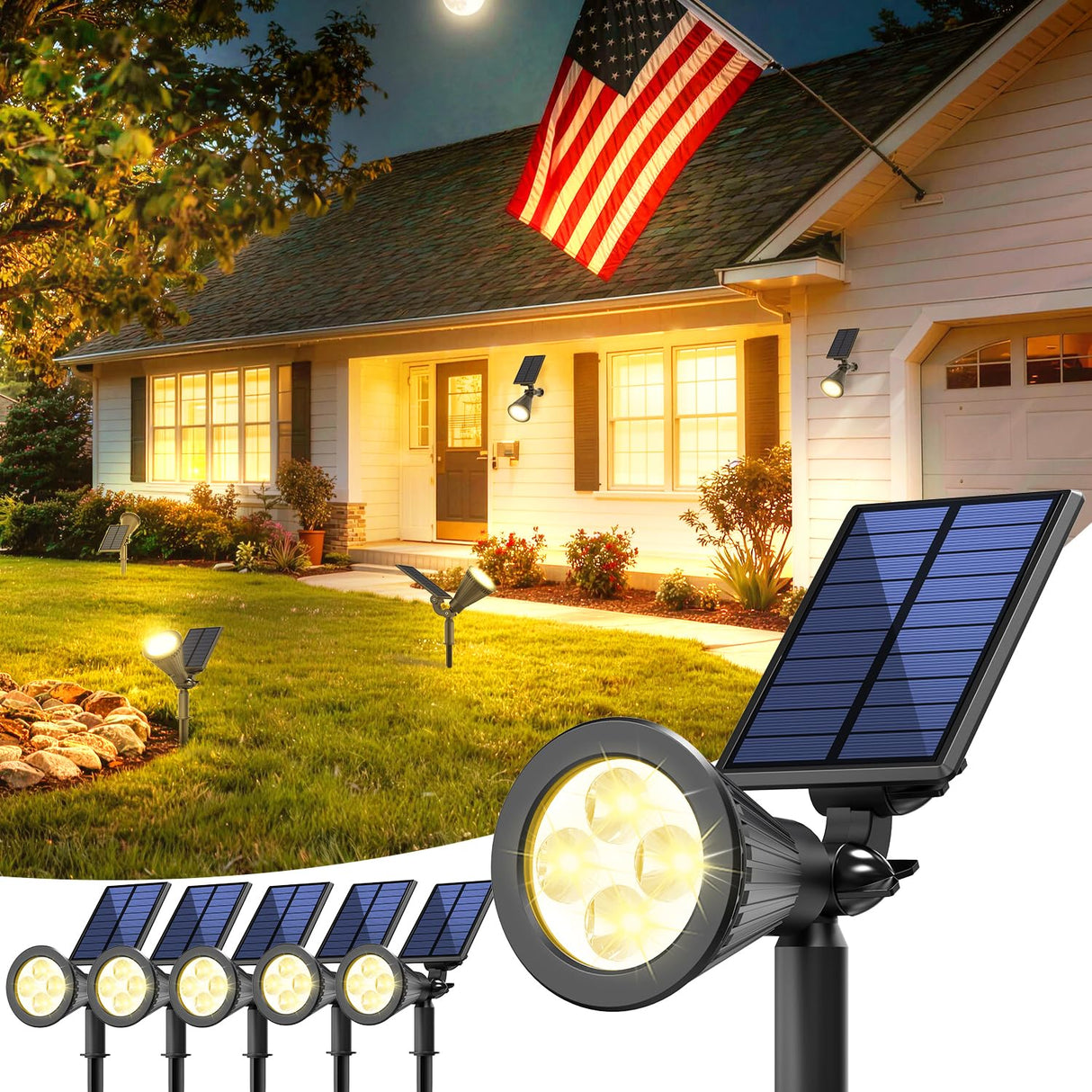 JEJOT 6 Pack Solar Lights Outdoor Waterproof IP65,Warm White Light,2 Lighting Modes,Solar Powered Spotlights for Yard Garden Solar Spot Lights for Flag Landscape Auto On/Off