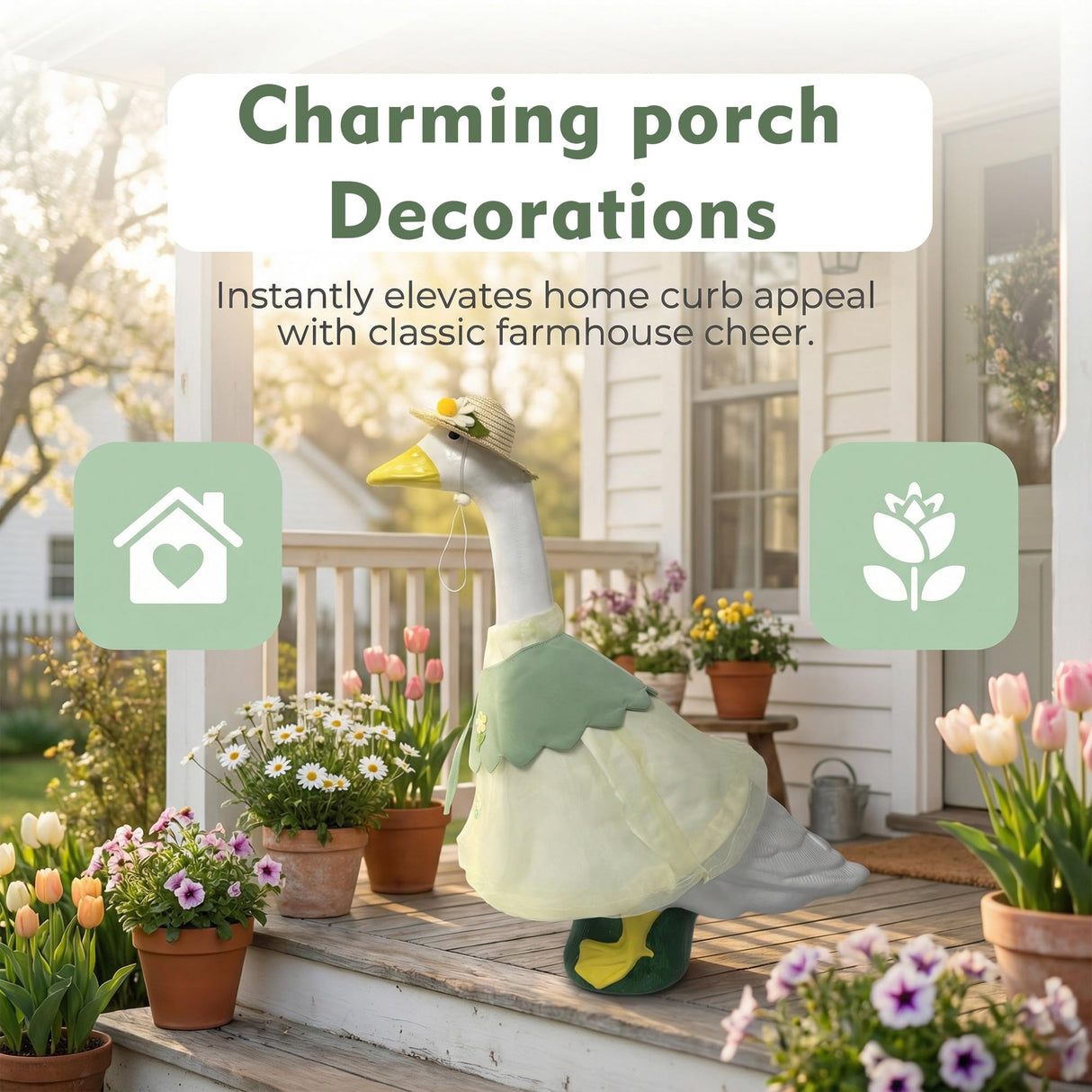 holoith 3 Pcs Summer Porch Goose Outfits for 23 inch Cement Goose Set, Outdoor Garden Statue with Gooses Outfit, Summer Garden Entrance Decoration, Includes Straw Hat, Collar, and Skirt