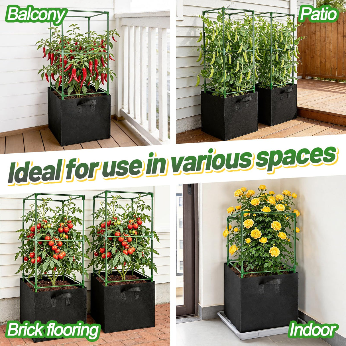 ANPHSIN Sturdy Square Tomato Cage with Movable 17 Gal Grow Bags, 3 Sets