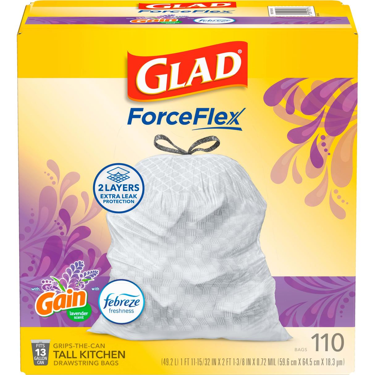 Glad ForceFlex Drawstring Trash Bags, 13 Gallon, Gain Lavender, 110 Count (Package May Vary)