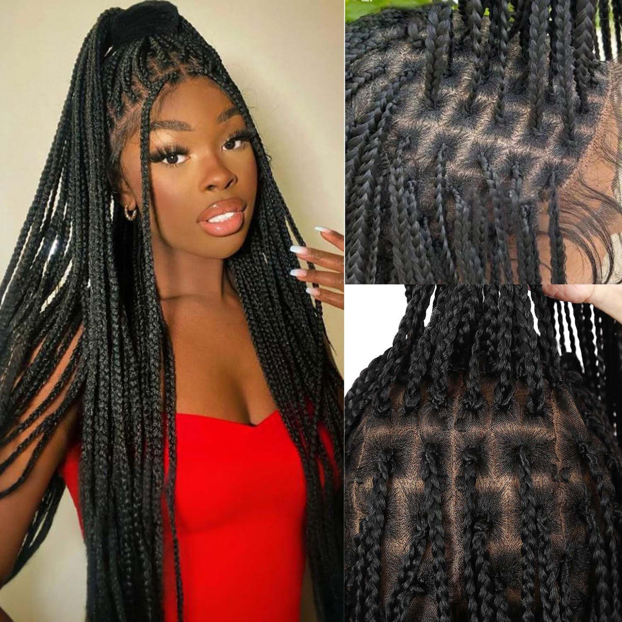 Fancy Hair 32" Braided Wig Square Knotless Box Braided Wigs for Black Women Full Double Lace Glueless Braids Wig with Baby Hair Synthetic Black Braided Wig for African American Women(Updated Version)