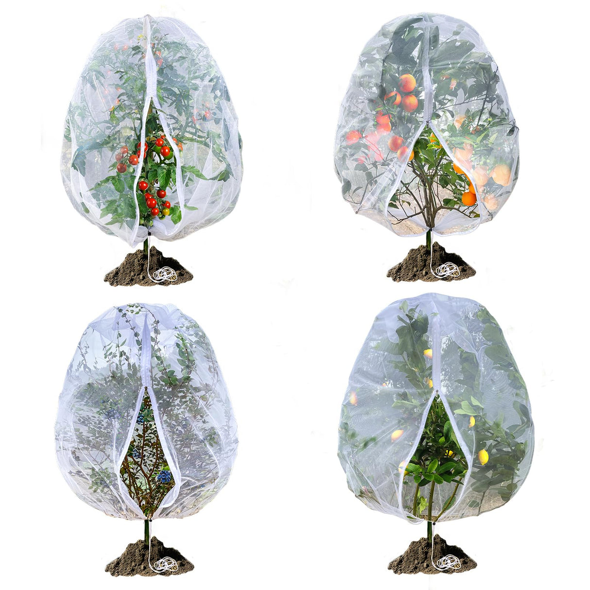Fruit Tree Netting, RIFNY 3.9 X 3.3 FT Blueberry Bush Netting Cover with Zipper Drawstring, Outdoor Mosquito Net Garden Netting Cover Protector Plant from Birds Cicadas Animals Insect (4 PCS, White)