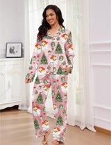 SHESHOW Satin Christmas Pjs Women Button Down 2 Piece Funny Graphic Santa Pink Christmas Pajamas for Women M
