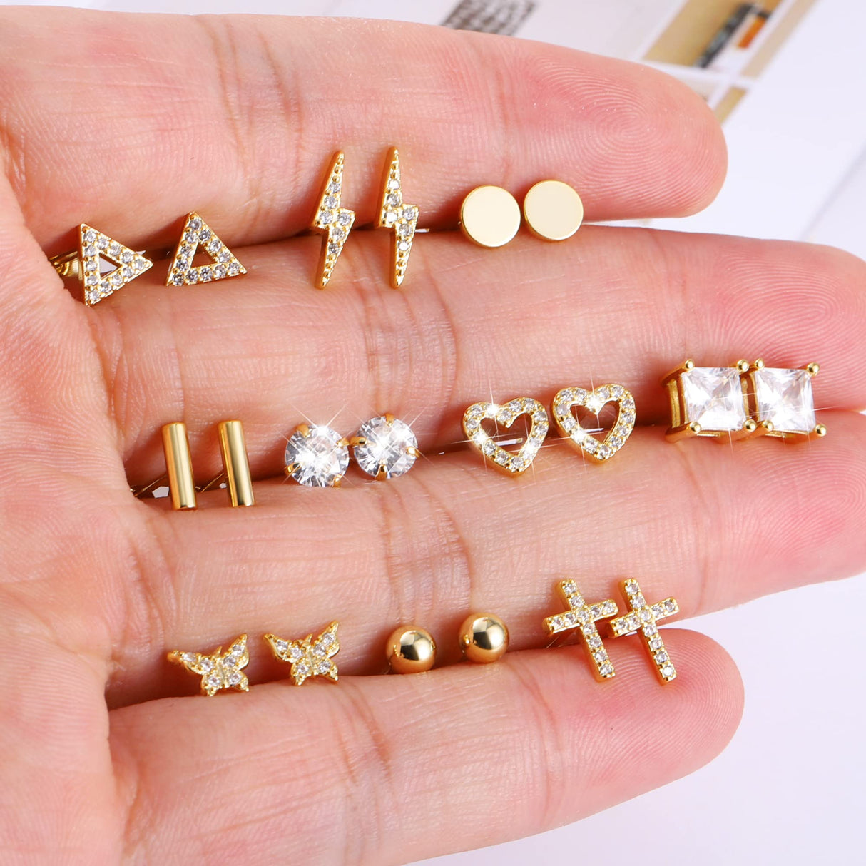 14K Gold Small Stud Earrings Set for Women Flat Back Earrings, 10 Pairs