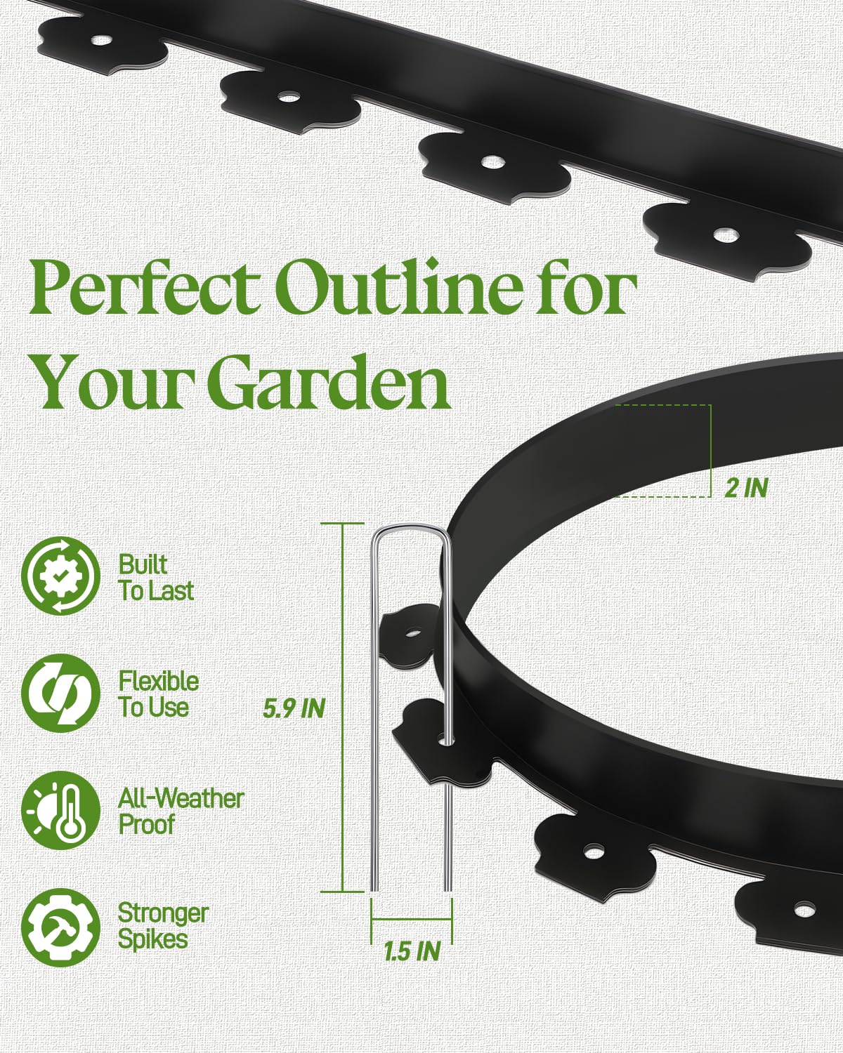 2" Tall 40ft No-Dig Flexible Plastic Garden Edging Kit with 40 Metal Spikes