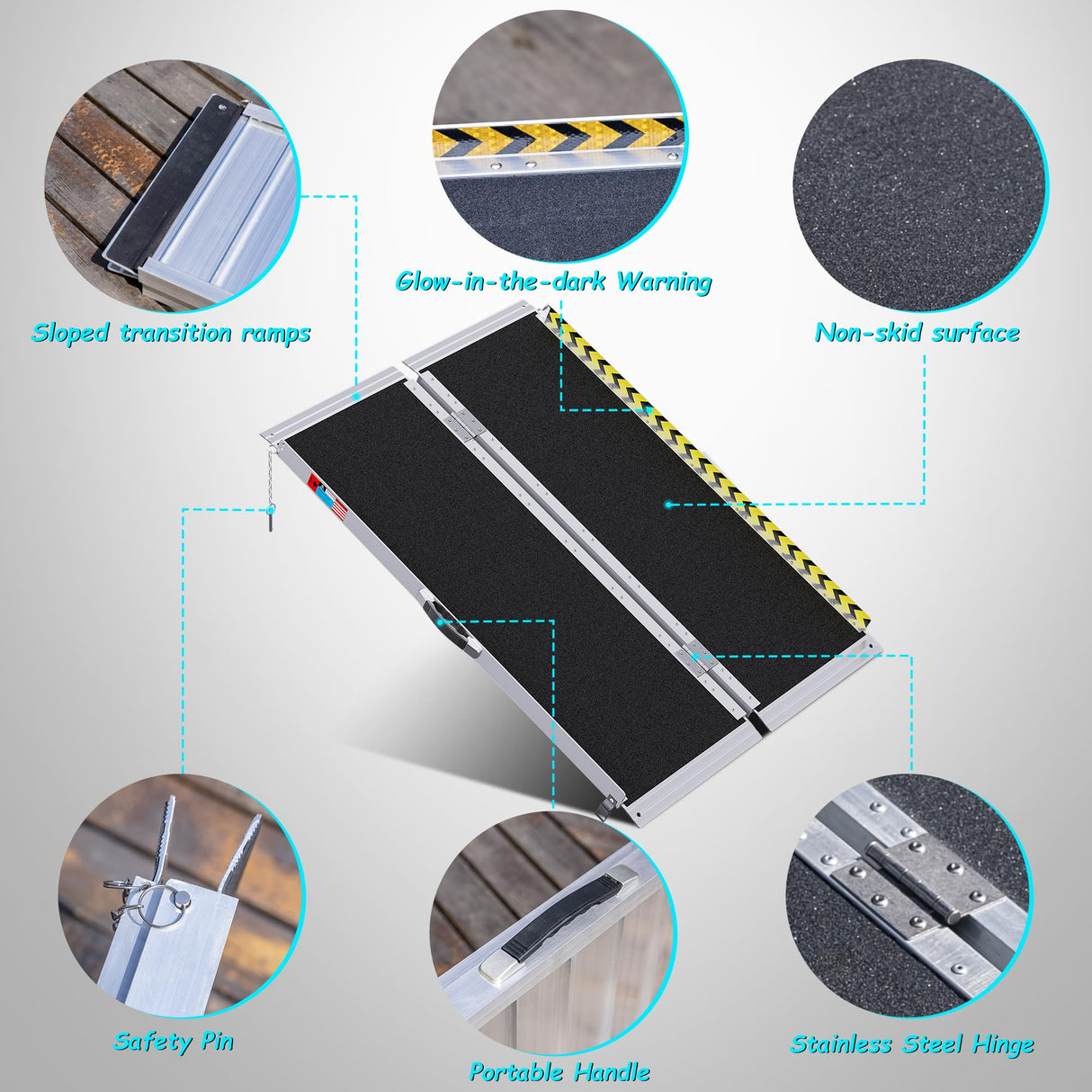 WHALEMOTOR Portable Wheelchair Ramp 4FT, Anti-Slip Aluminum Folding Portable Ramp, Wheelchair Ramps for Home, Weight Capacity Up to 600 LBS, with Transition Plates Above and Below