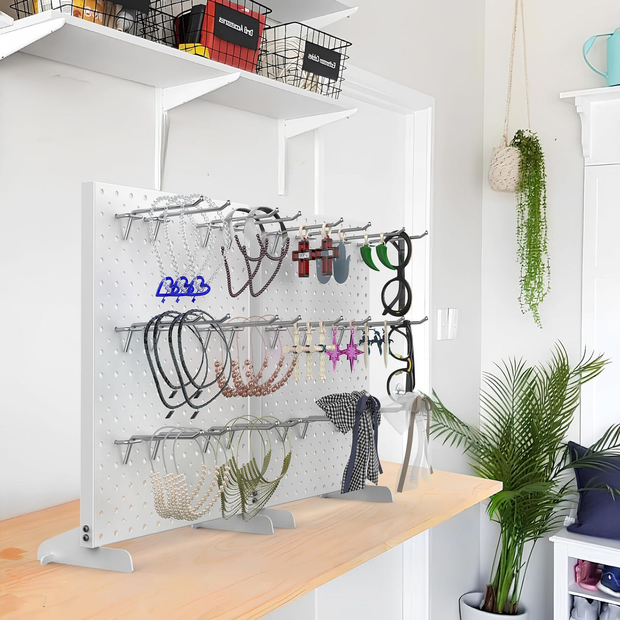 TORACK Pegboard Display Stand for Craft Shows & Fairs, 12 x 16 in Metal Tabletop Pegboard Display with Hooks for Christmas Fair Event(White, Pack of 2)