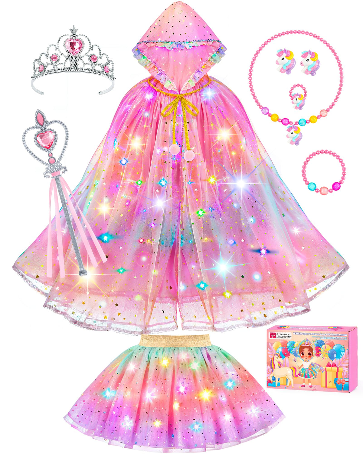 Princess Dress Up for Girls, Unicorn Light up Princess Cape Princess Dress