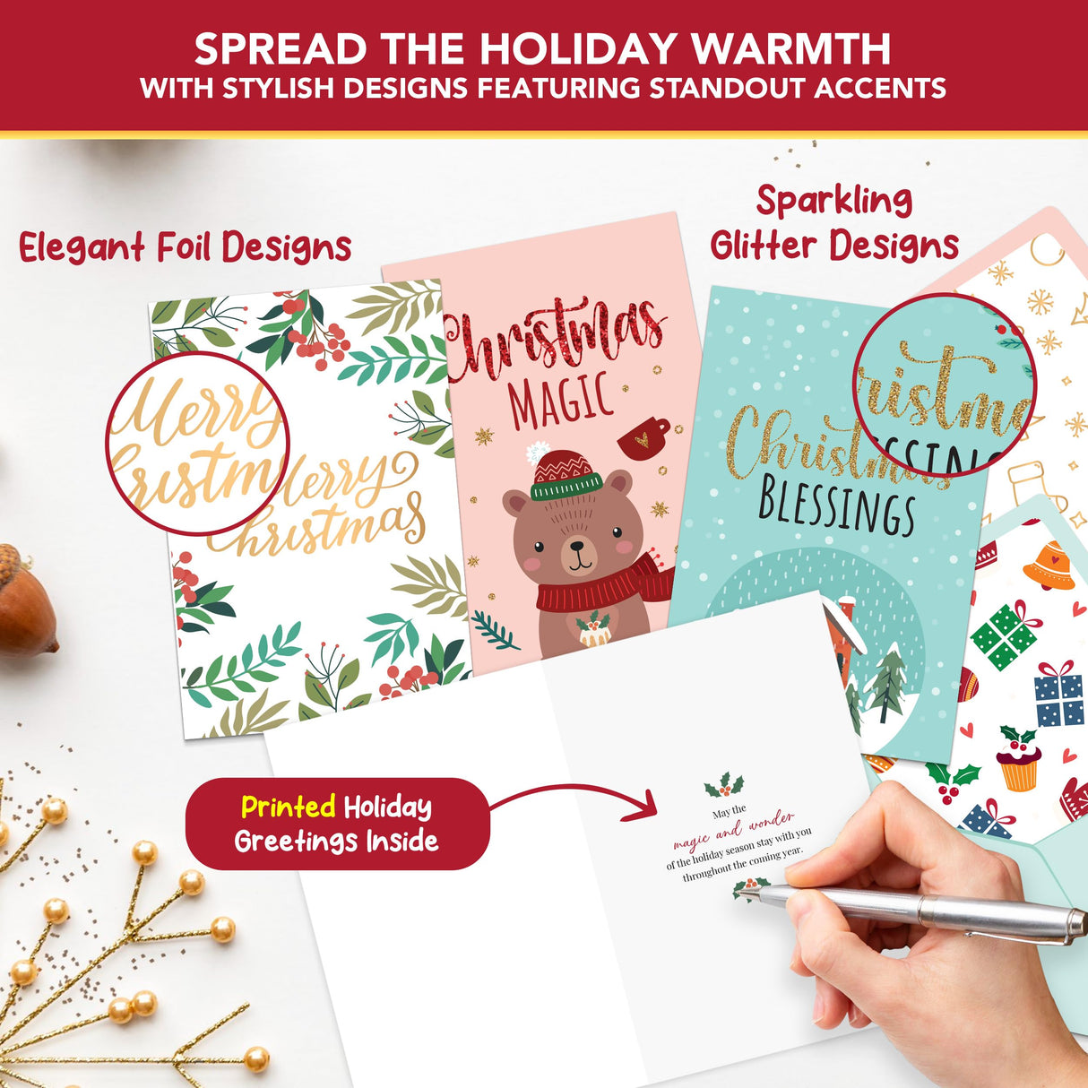 Decorably 100 Pack Foiled and Glittery 6x4in Christmas Cards with Envelopes Bulk and Stickers, 20 Festive Designs Bulk Christmas Cards with Envelopes, with Printed Message Inside