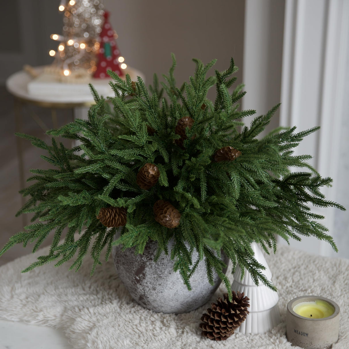 florisso Artificial Christmas Norfolk Pine Stems Branches for Vases,12 Bundles Faux Pine Branches with 5 PCS Big Pinecones Stems Fake Greenery Evergreen Real Touch for Holiday Winter Table Xmas Decor