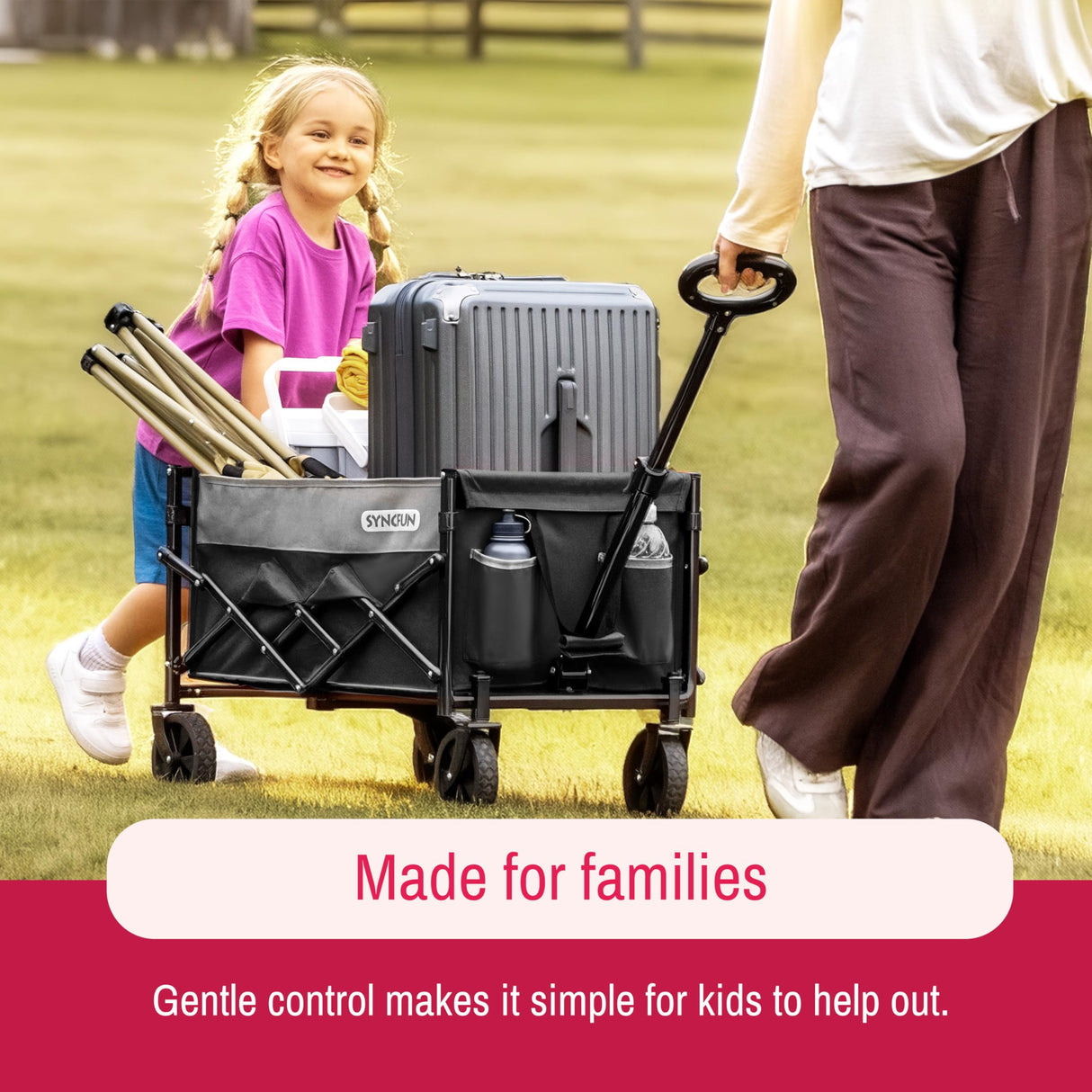 SYNCFUN Collapsible Wagon Cart Foldable, Portable Rolling Shopping Carts with Wheels, All Terrain Folding Sport Beach Wagons, Heavy Duty Garden Utility Cart for Groceries Fishing, Black