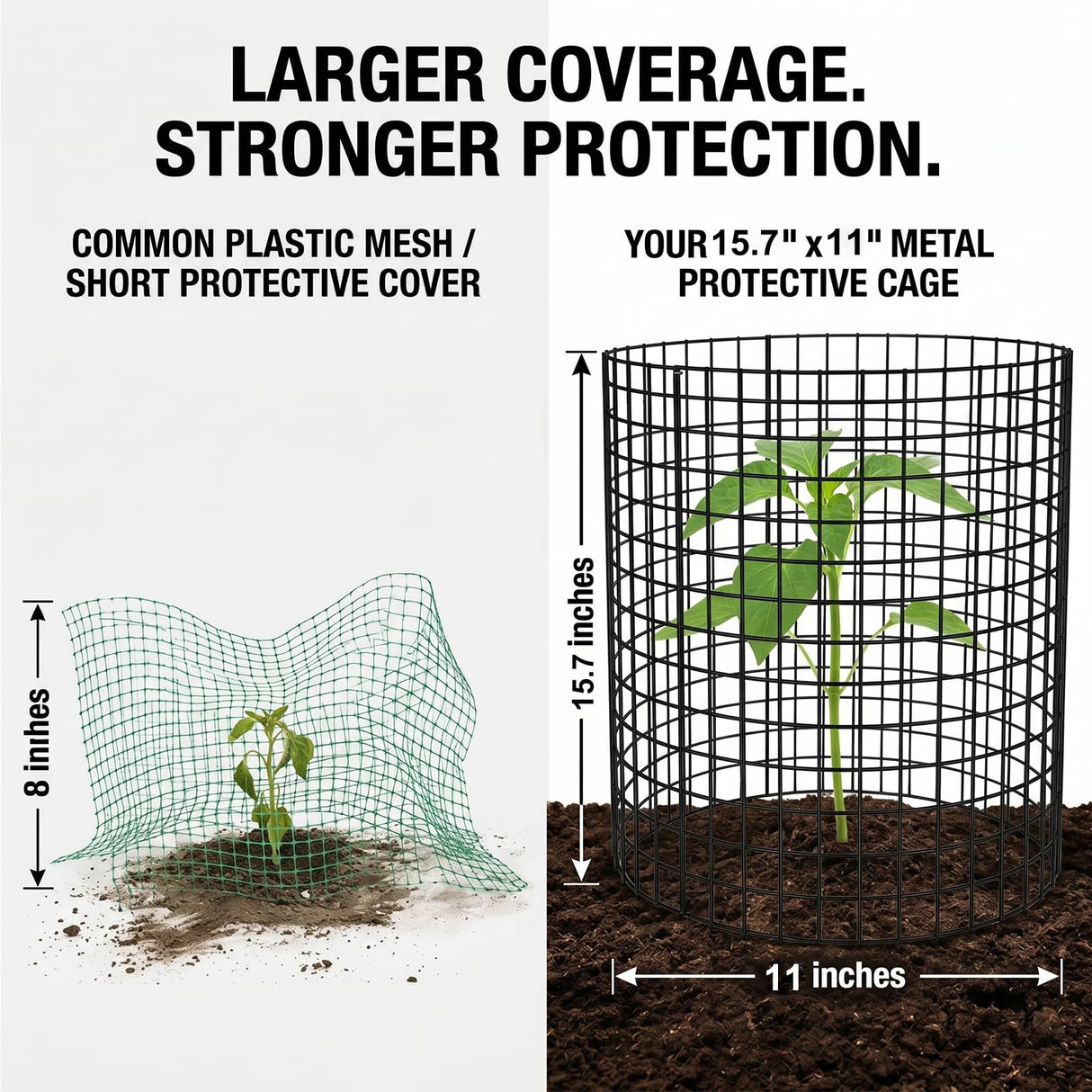 3Pack 17x14 Inch Green Coated Galvanized Wire Plant Protectors, 9Pcs Mesh Cloches with Stakes & Zip Ties, Chicken Wire Cage for Rabbits Squirrels Chickens, Garden Vegetable Seedling Protection
