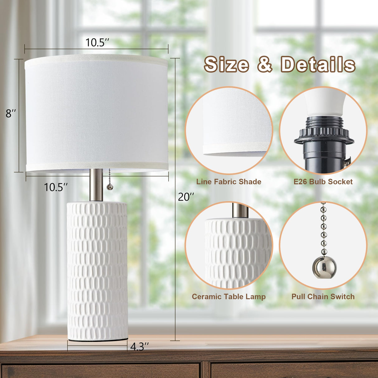 Reaketon 20" Modern Ceramic Table Lamps for Bedroom Set of 2, Small Table Lamps for Night Stands, Living Room, Home Office and Hallways, White