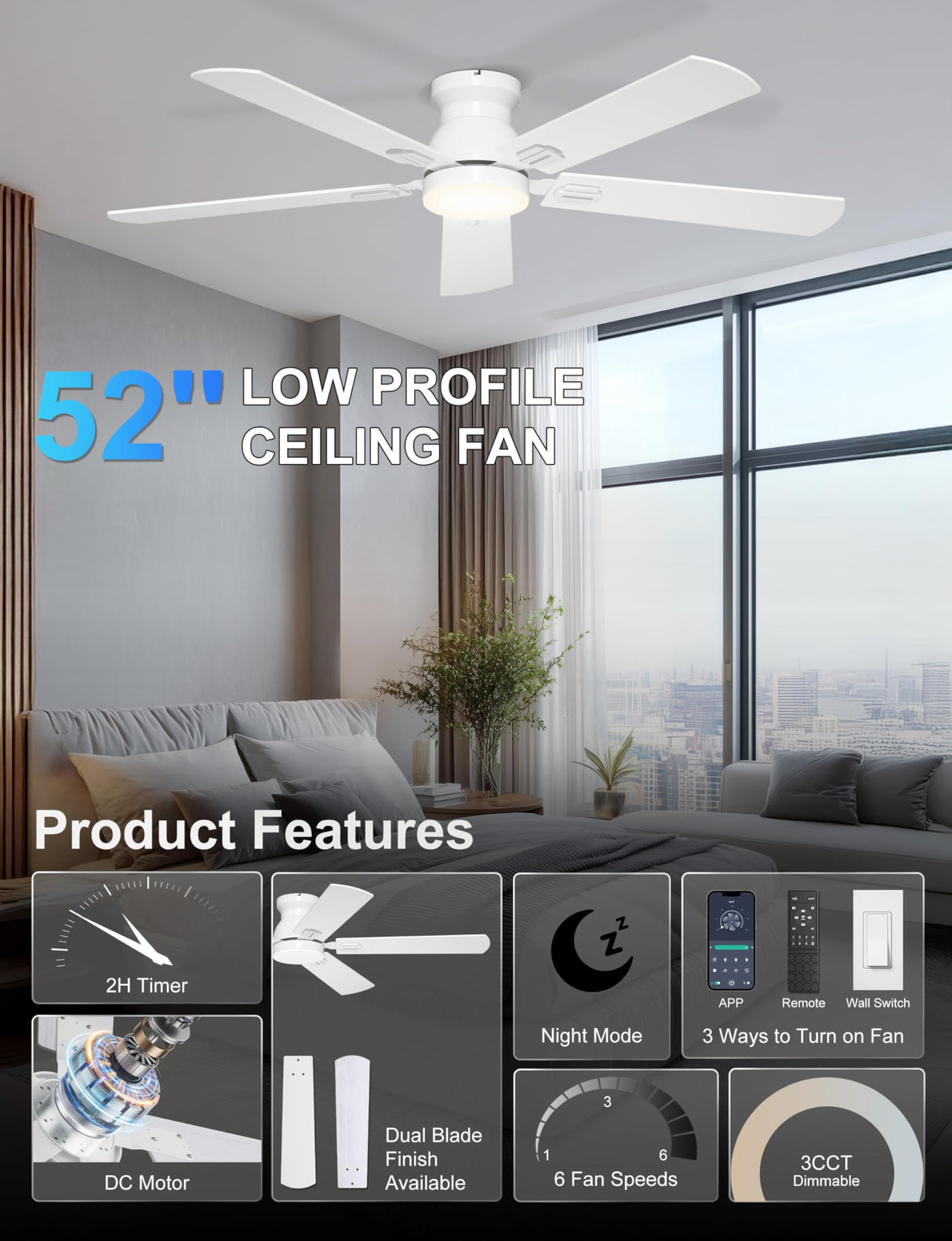Phylluz 52'' Low Profile Ceiling Fan with Light, White Flush Mount Ceiling Fan for Low Ceilings, Quiet DC Motor, App/Remote Control, Modern Overhead Fan for Bedroom Living Room
