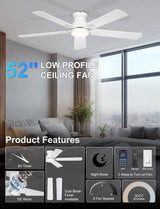 Phylluz 52'' Low Profile Ceiling Fan with Light, White Flush Mount Ceiling Fan for Low Ceilings, Quiet DC Motor, App/Remote Control, Modern Overhead Fan for Bedroom Living Room