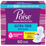 Poise Ultra Thin Incontinence & Postpartum Pads with Wings for Bladder Leaks, 5 Drop Maximum Absorbency, Long Length, 60 Count, Packaging May Vary
