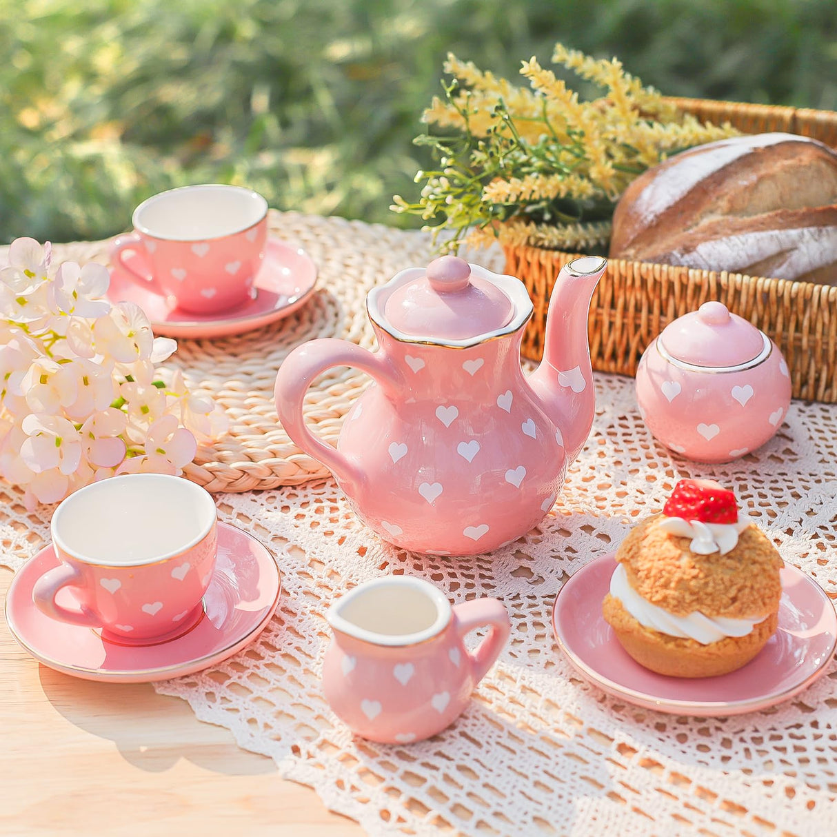 TUZT Porcelain Tea Party Set for Little Girls, Kids, Toddlers - 13Pcs Pink Heart Ceramic Set with Pot, Cups, Saucers & Carrying Case - Pretend Play Kitchen Toys - Christmas Birthday Gift for Girls
