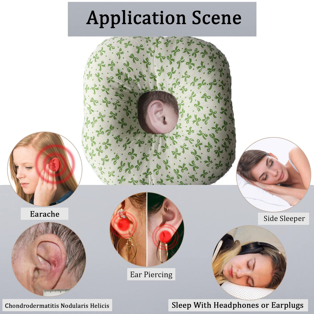 Wuronsa Ear Piercing Pillow for Side Sleepers, Pillow with an Ear Hole for CNH and Ear Pain Ear Inflammation Pressure Sores, O-Shaped Side Sleeping Pillow, Ear Guard Pillow(Green Flower)