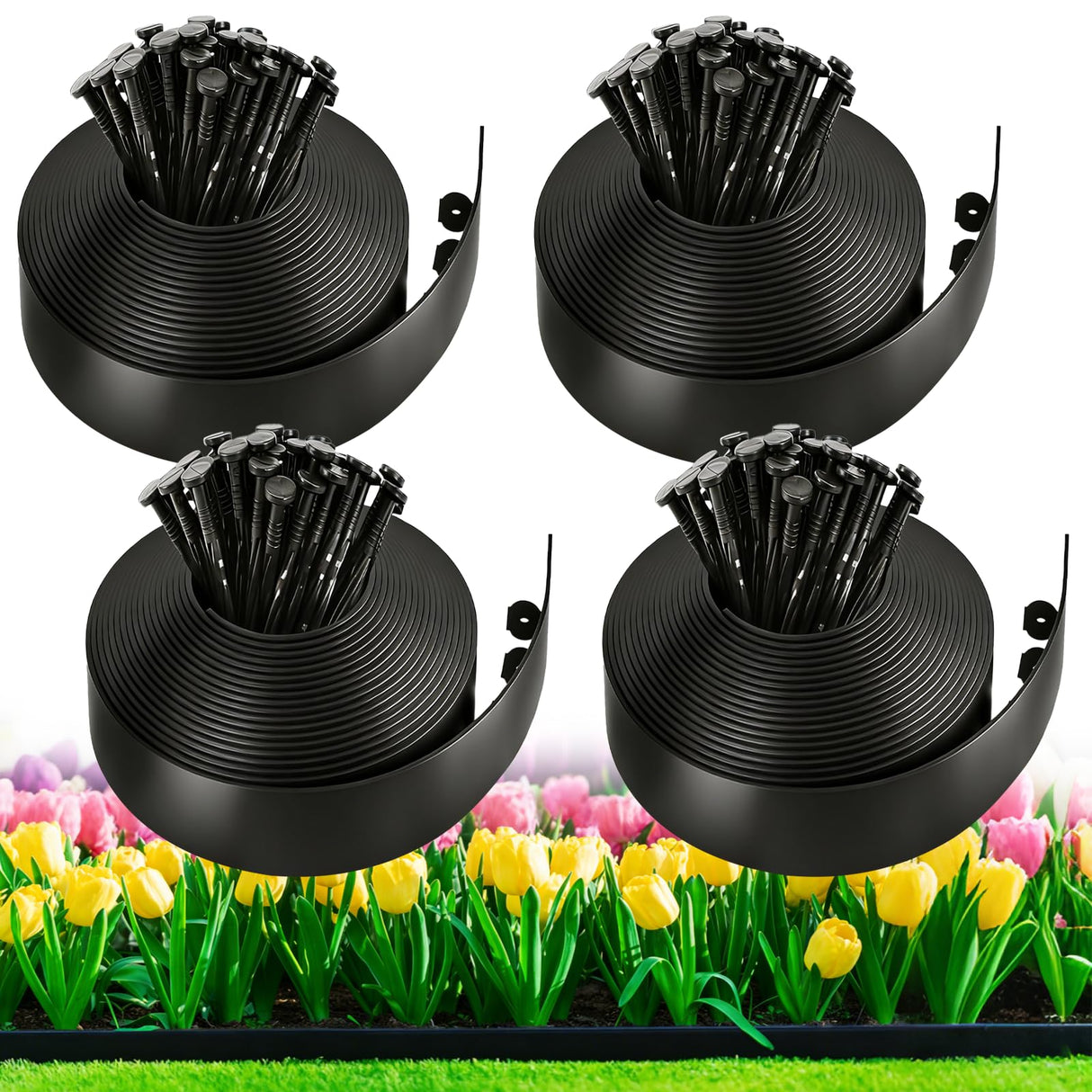 4 Inch Tall Landscape Edging, 132FT Garden Lawn Edging Kit with 120 Spikes, No Dig Plastic Border for Flower Beds, Pathways, Driveways, Weed Barrier