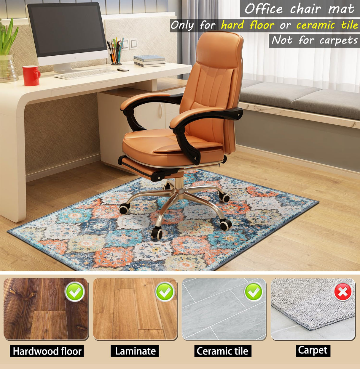 Office Chair Mat for Hardwood Floor,48"*36" Rolling Under Desk Mat, Computer Chair Rug,Anti-Slip Floor Protector for Home Office,Orange Blue