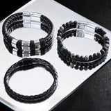Tiwindx 6 Pcs Leather Bracelet for Men Black Braided Steel Cuff Layered Bracelets Men's Braided Bracelet Set