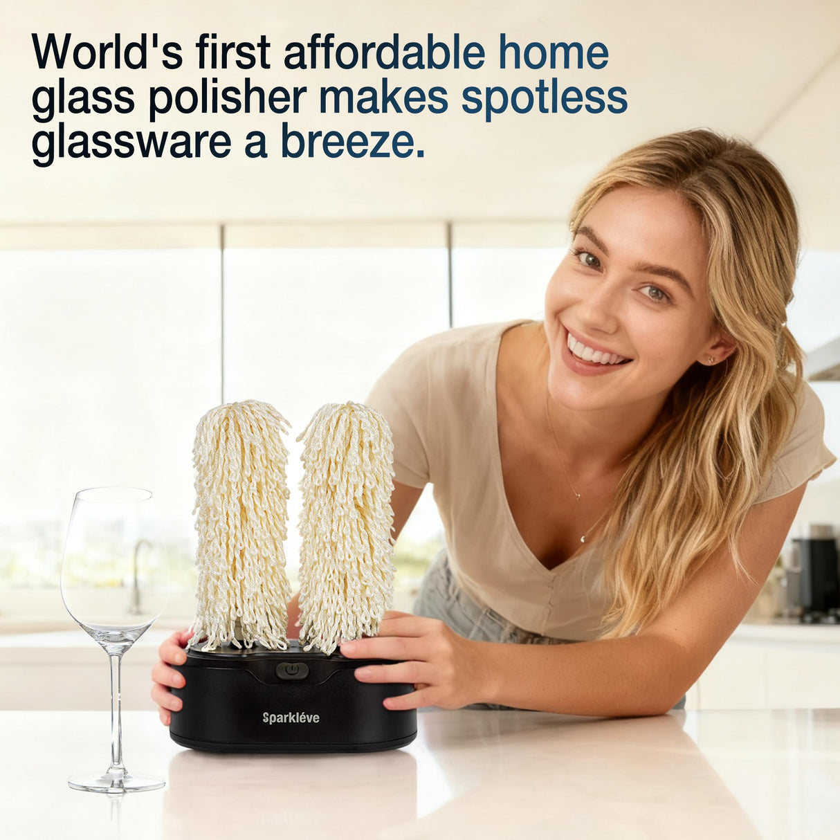 Home Glassware Polisher, World's First Affordable Spinning Glass Polisher, 600 RPM Dries, Polishes, All Glasses, Wine, Bar, Drinking, Wet/Dry, For Sparkling Glassware, Black, Classic Matte
