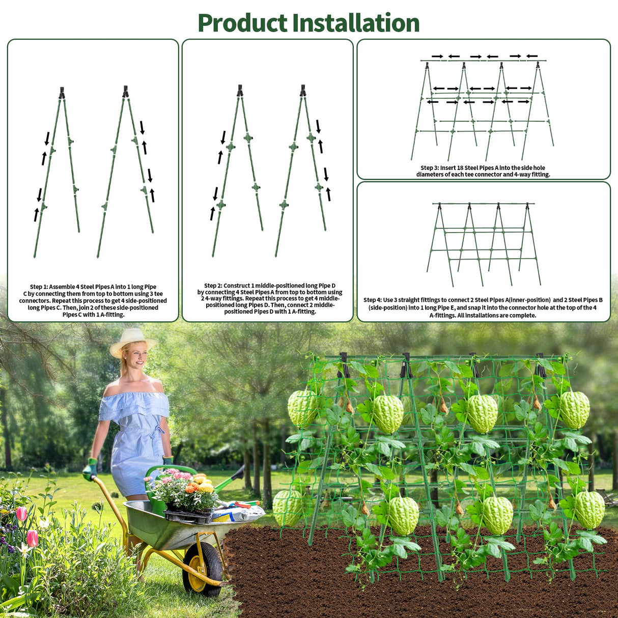A-Frame Cucumber Trellis for Raised Bed - 47 x 47in, Heavy-Duty Detachable Garden Trellis with Netting & Clips, Support for Climbing Outdoor Cucumber, Tomatoes, Luffa, Bitter Melon, Vining Flowers