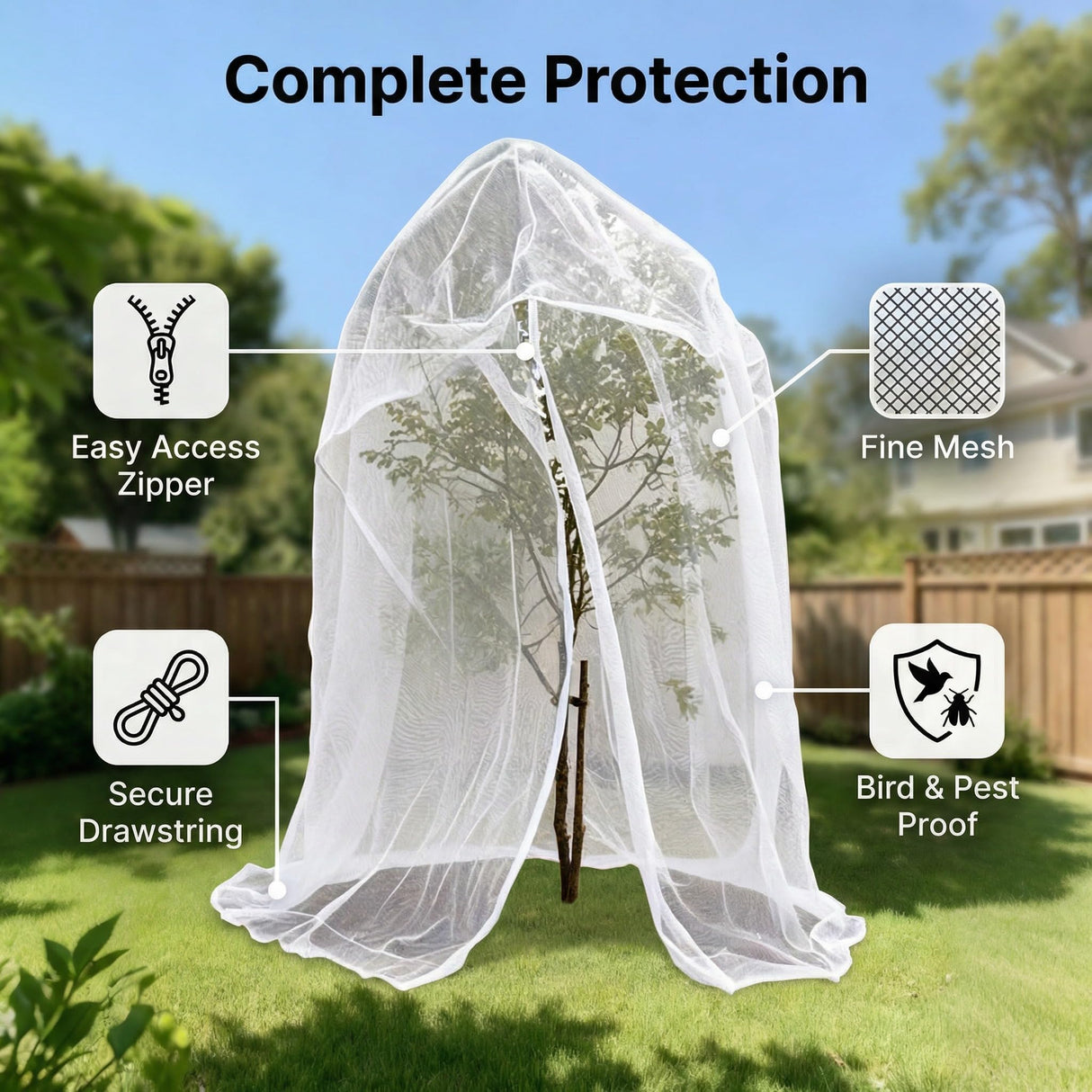 6.5x6.5x6.5Ft Fruit Tree Netting Cover Zipper Drawstring Garden Pest Mesh