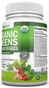 Organic Super Greens Capsules - Fruit And Vegetable Supplements - 120 Count - 28 USDA Organic & Vegan Premium Ingredients - Superfood Blend For Immune Health, Digestion & Energy - Whole Food Vitamins