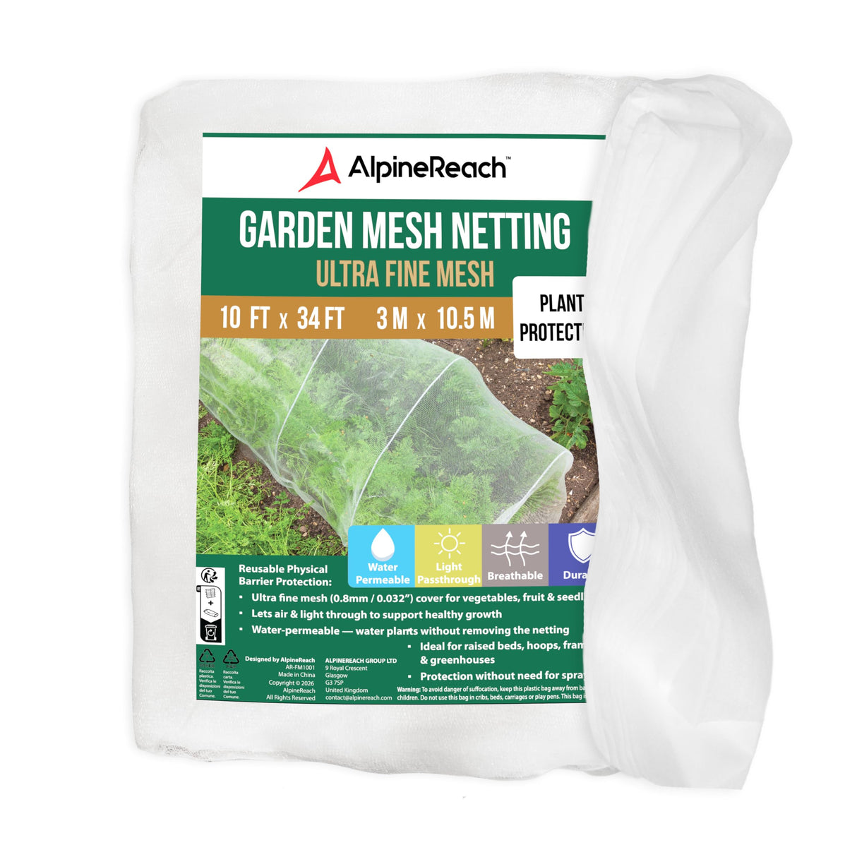 AlpineReach Garden Netting Ultra Fine Mesh 10 x 34 ft - Durable Protection Barrier Net Cover for Vegetable Plants Fruits Flowers Crops Greenhouse Row Cover Raised Bed