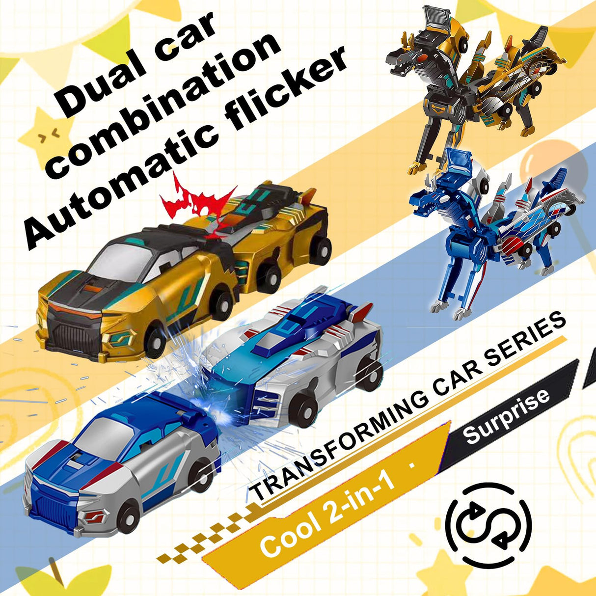 Transforming Dinosaur Toys, 2 in 1 Magnetic Cars Collision Transform into Dino Toys, for Boys Girls Toy Age 2-12, Christmas Birthday Gift (Gold Blue)