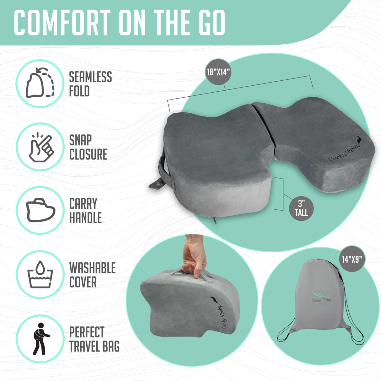 Cushy Tushy Premium Foldable Travel Seat Cushion - for Relief of Lower Back, Sciatic, Butt and Tailbone Pain - for Home & Office Use, Perfect for Travel or Driving - Coccyx Seat Cushion