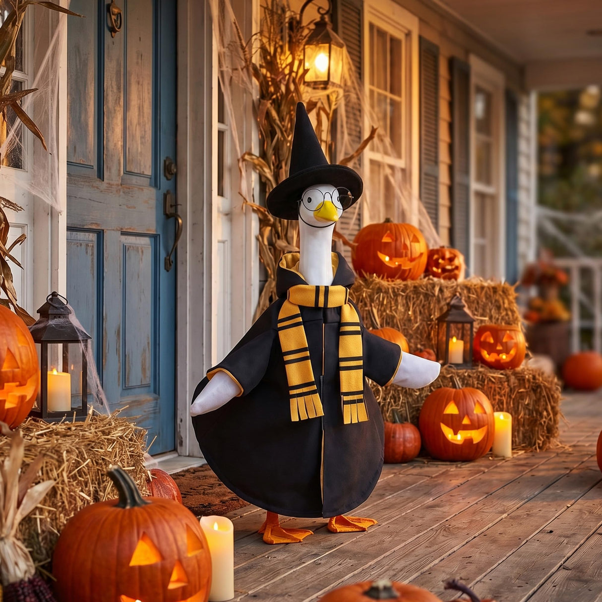 Tmovjxv 4 Pcs Halloween Wizard Porch Goose Outfit, Lawn Porch Goose Clothes Wizard Costume for 23'' Statue, Witch Garden Geese Outfit with Hat Scarf Glasses for Patio Yard Christmas Decor (Yellow)
