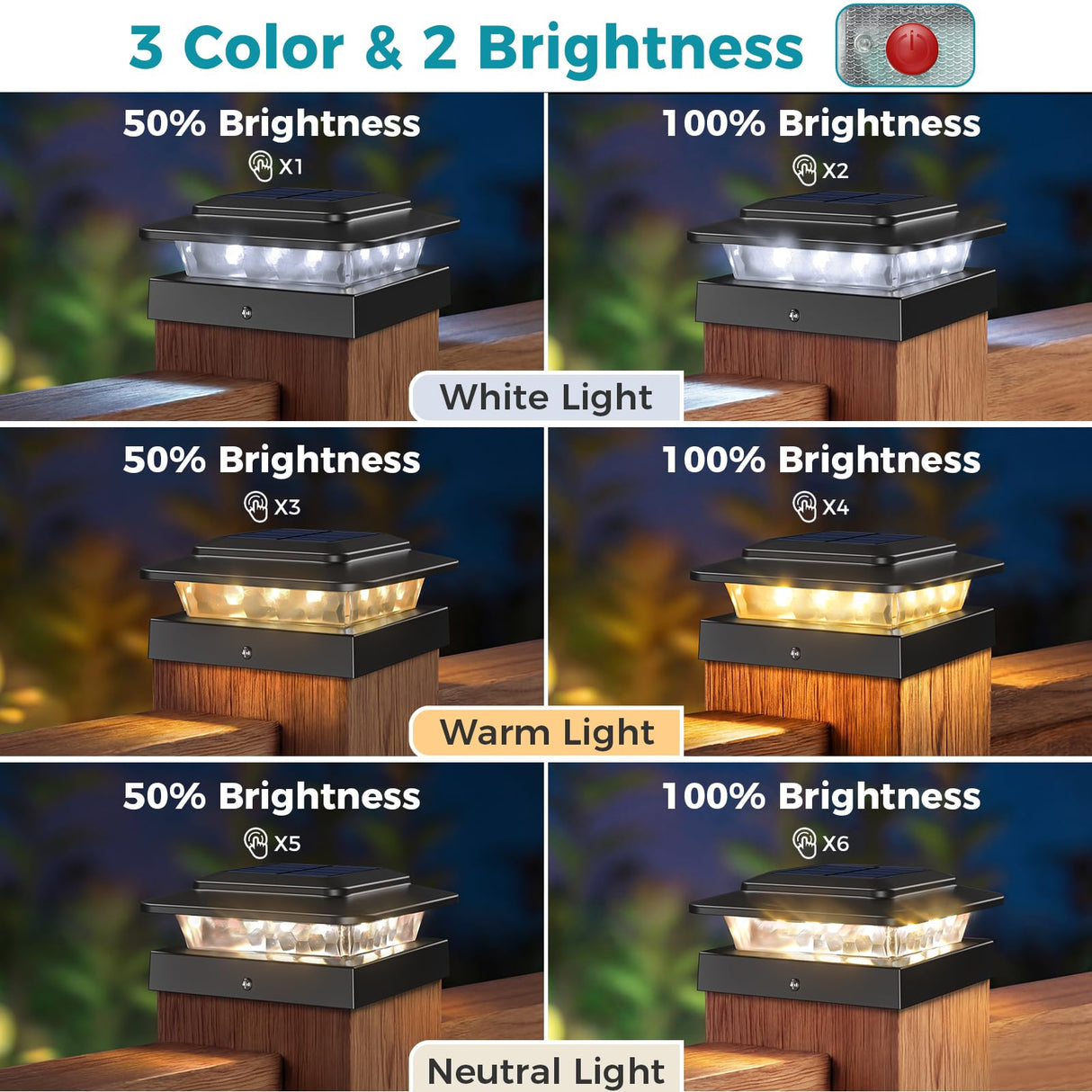 kolpop 4x4 Solar Post Cap Lights Outdoor 16Pack- 3 Color Temperatures& 2 Level Brightness, IP65 Waterproof, 16 LED Black Fence Deck Post Light Solar Powered for 4×4/3.5×3.5 Wood/Vinyl Posts