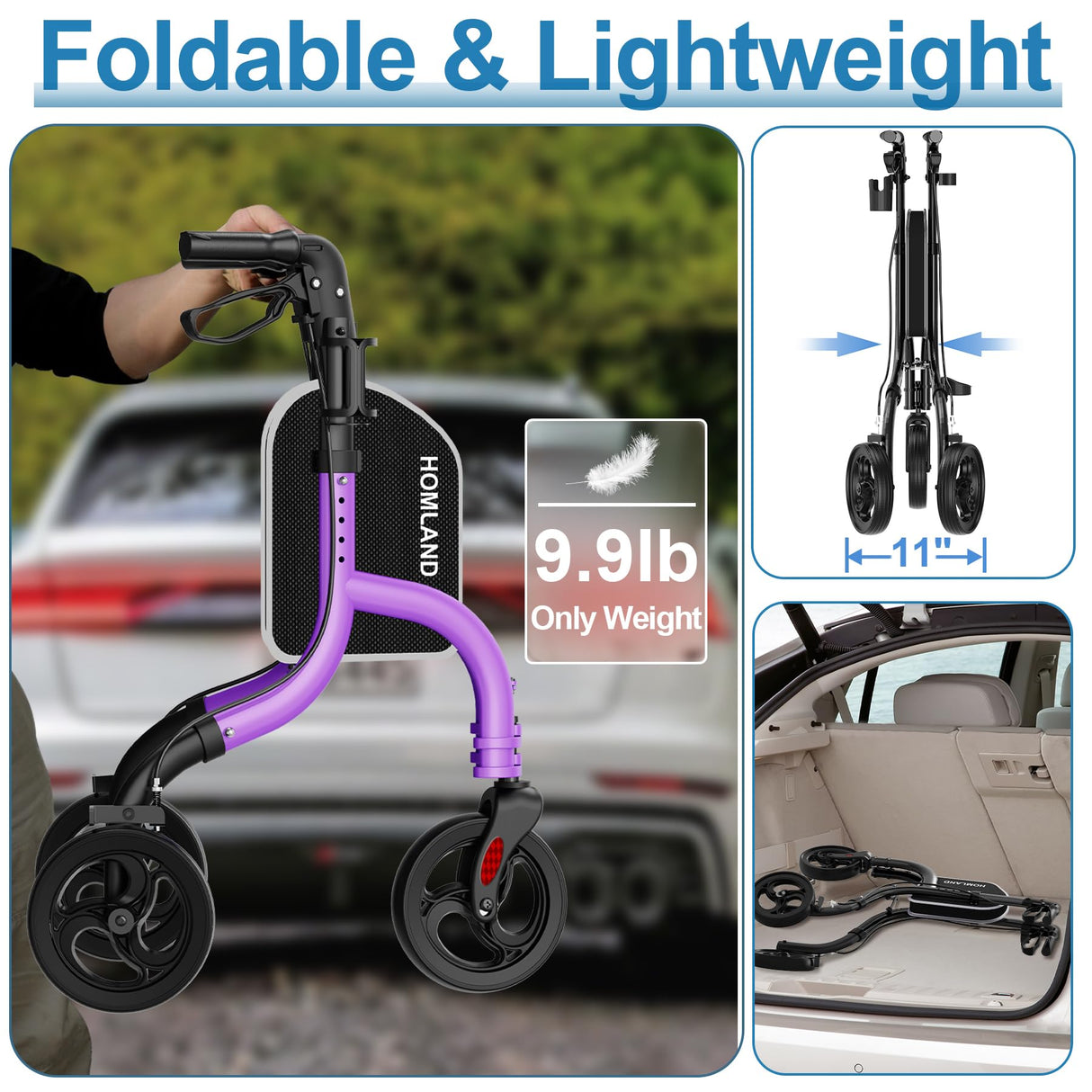 HOMLAND 3 Wheel Walkers for Seniors, FSA/HSA Eligible Foldable Wheeled Rollator with Cane Hold and Cup Hold, Lightweight Three Wheel Rolling Walker Height Adjustable for Seniors