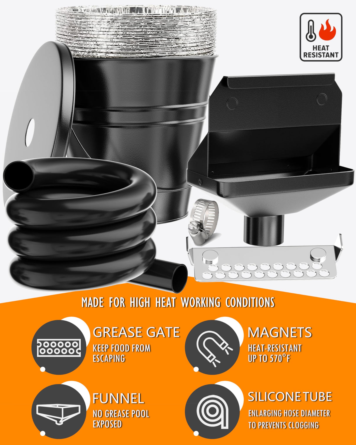 Rear Grease Drainage System for Blackstone Grease Catcher, Upgraded Grease Trap Funnel with Larger Silicone Hose, Removable Magnetic Grease Gate, Grease Bucket W/Lid, 12-Pack Foil Bucket Liners